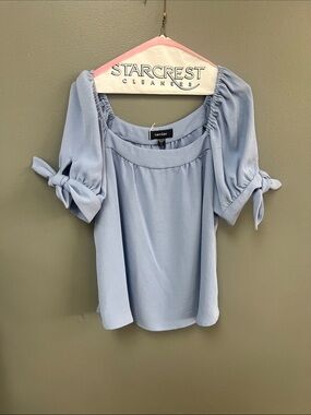 Karen Kane Powder Blue Off-Shoulder Tie-Sleeve Blouse